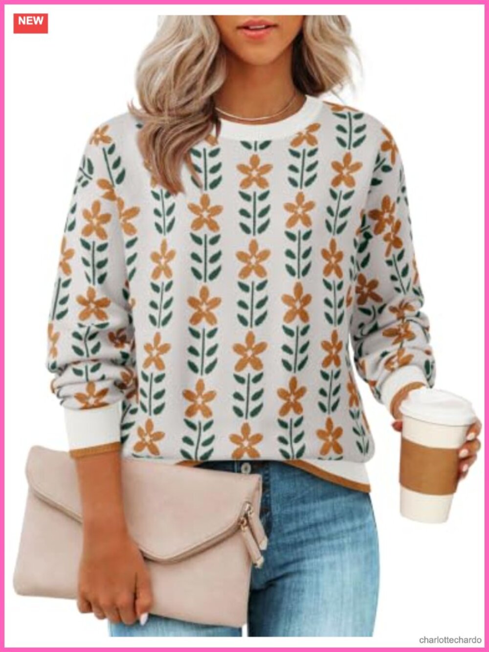 Women's Long Sleeve Crewneck Printed Knitted Sweater